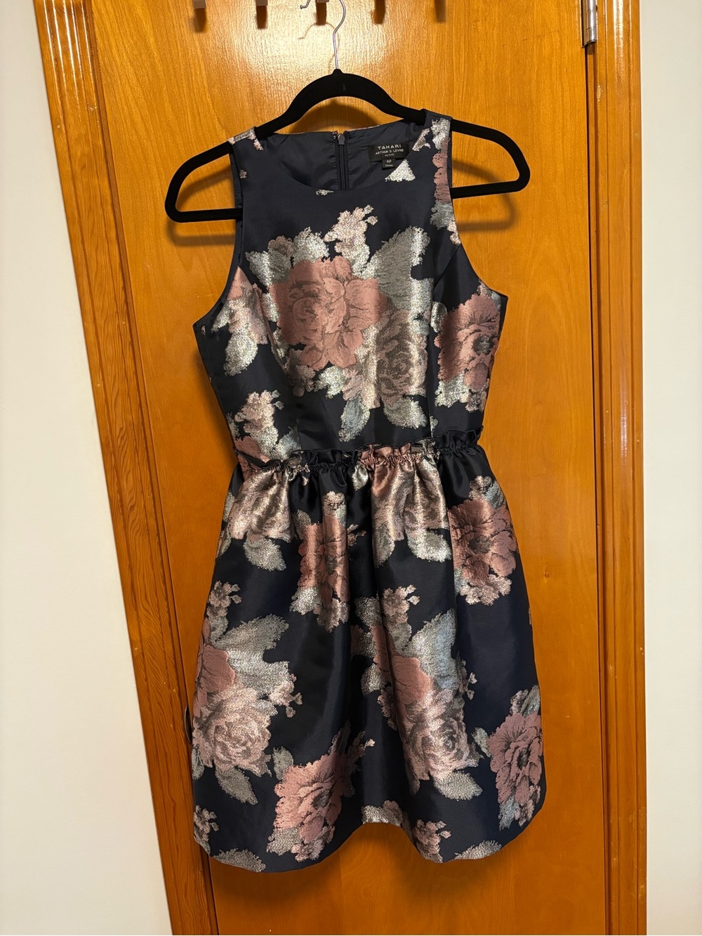 Tahari Navy Floral Mini Dress with Pink and Silver Blooms